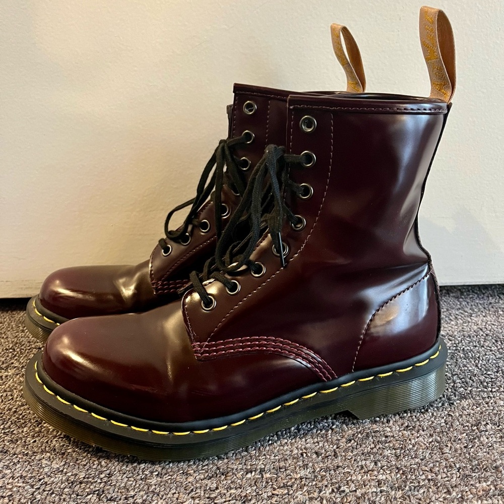 Doc Martens vegan leather boots 1460 in red, women’s size 9